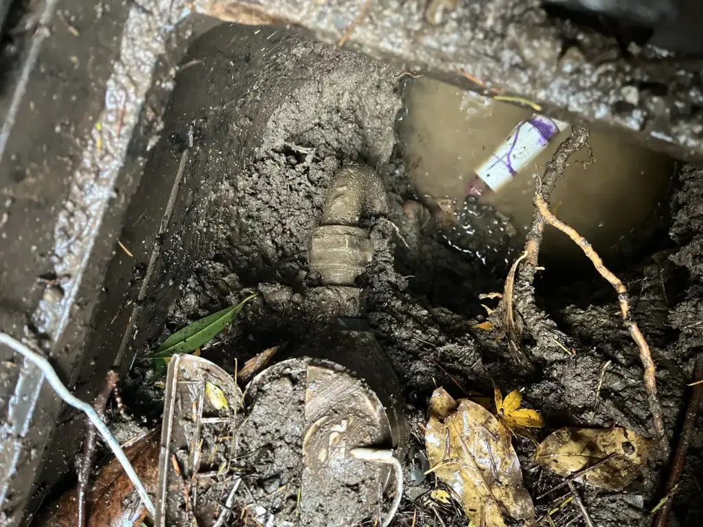 Clogged drain with mud and debris