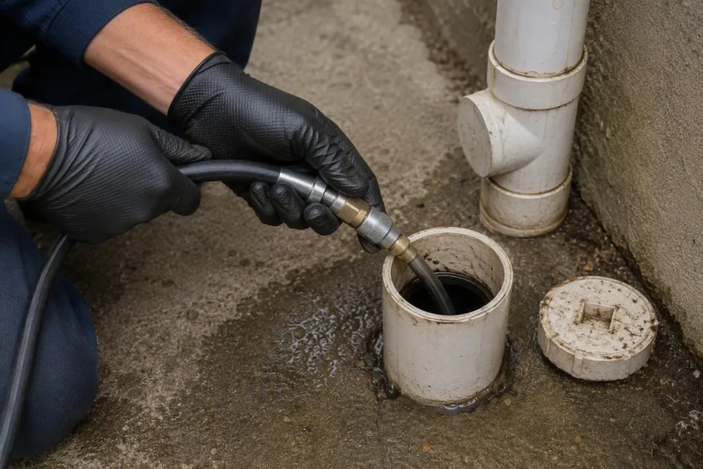 Cleaning a drain with a hose