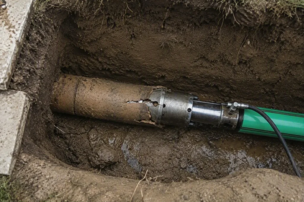 Damaged pipe in trench with equipment